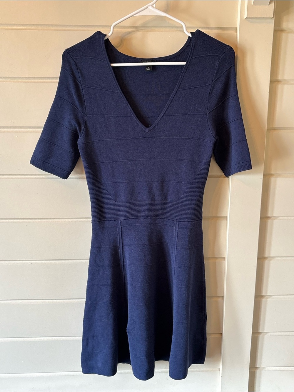 Ann Taylor Navy V-Neck Fit & Flare Knit Dress